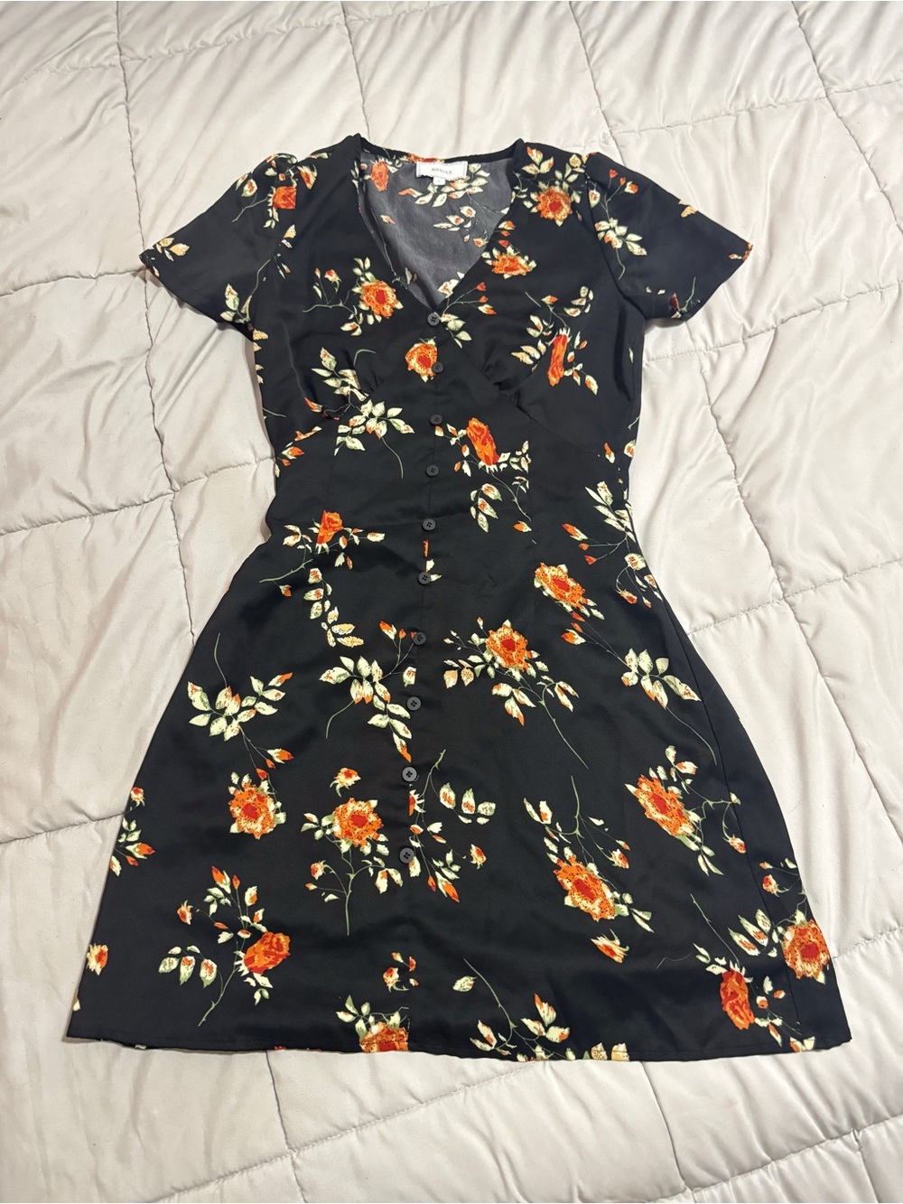 Rihoas Black Floral Button-Front Mini Dress